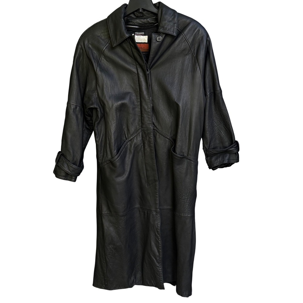 VINTAGE CAYENNE 100% Leather Trench Coat, Black, Size Large